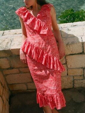 Coco Shop Ruffle Midi Dress in Red white size XS